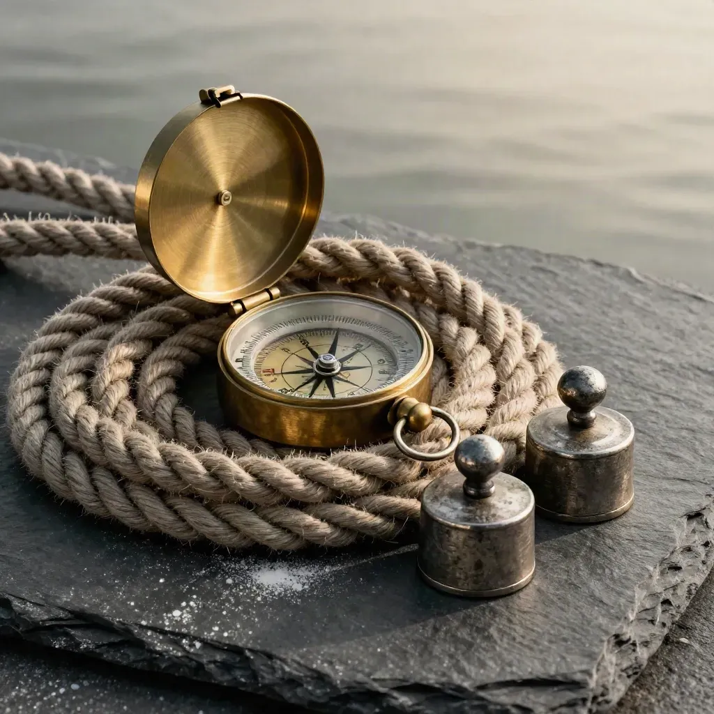 Brass compass, dock line, and chart weights on slate under dramatic soft light.