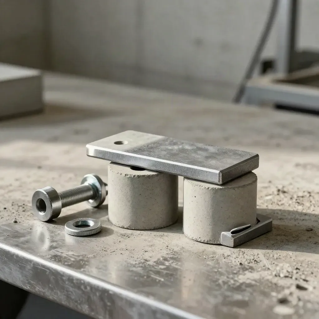 Steel brackets, concrete core sample, and brushed fasteners on a brushed metal bench.