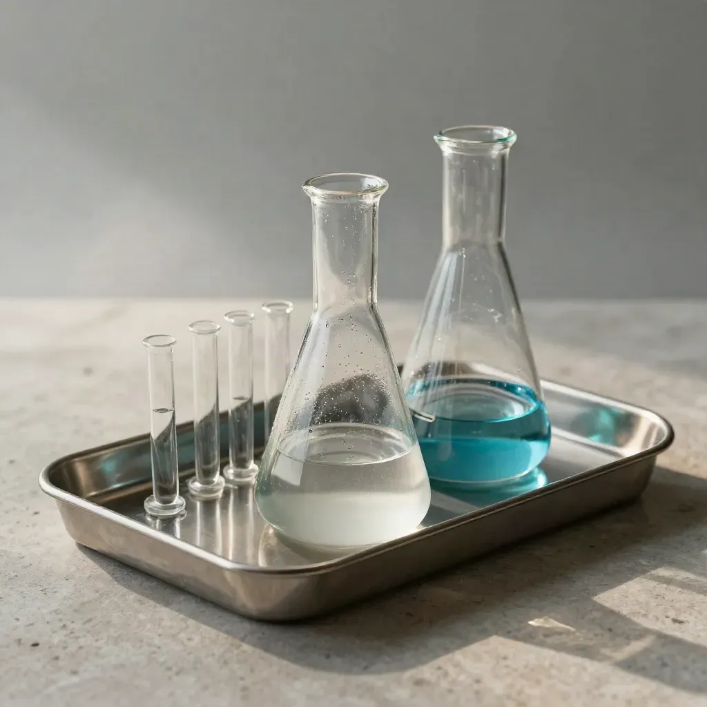 Lab flasks, a stainless vial tray, and capped sample tubes on pale stone in soft cyan light.