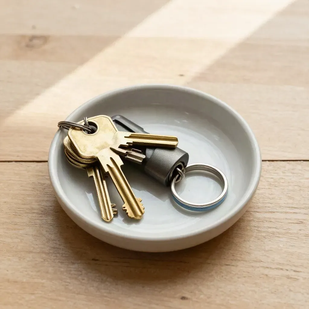 Brass keys and lock cylinder in a ceramic dish on pale wood, lit by soft morning light.