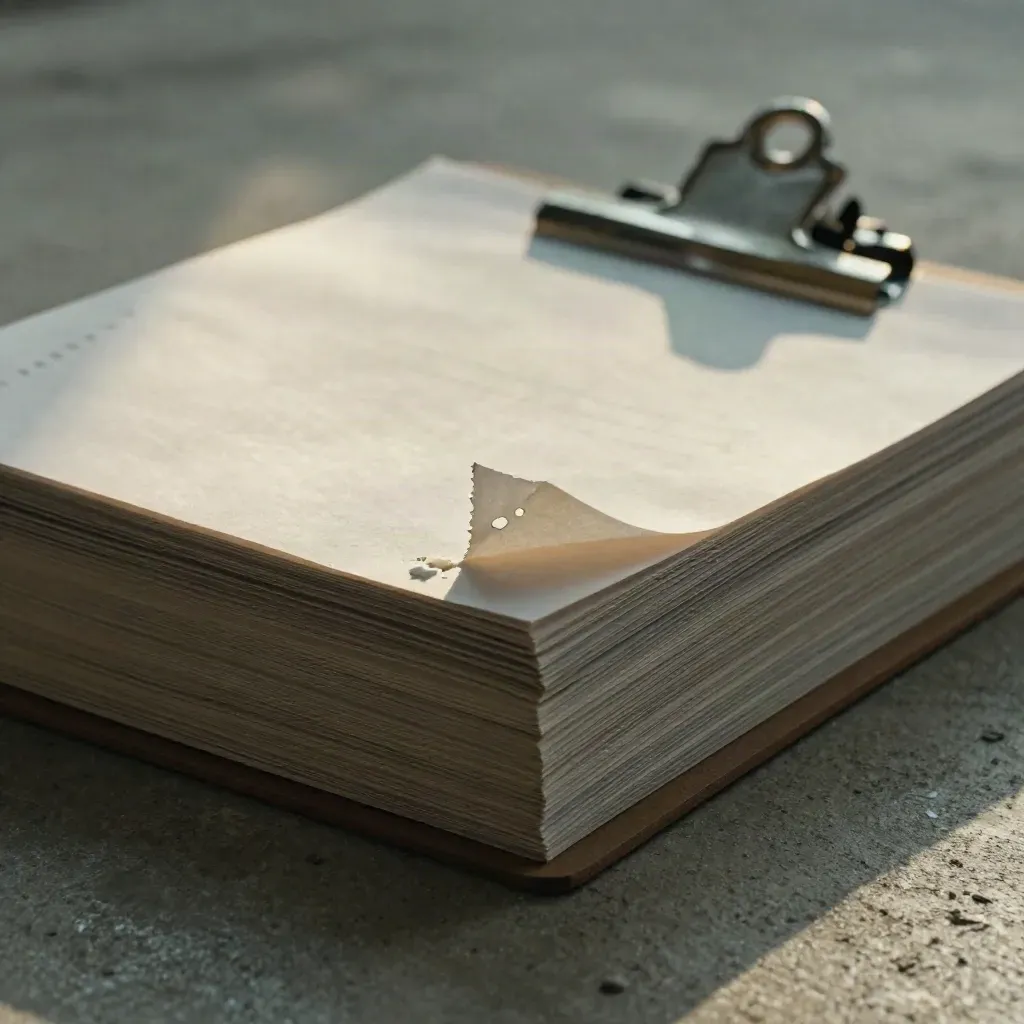 Blank intake forms clipped on concrete with a stone paperweight and soft dramatic light.