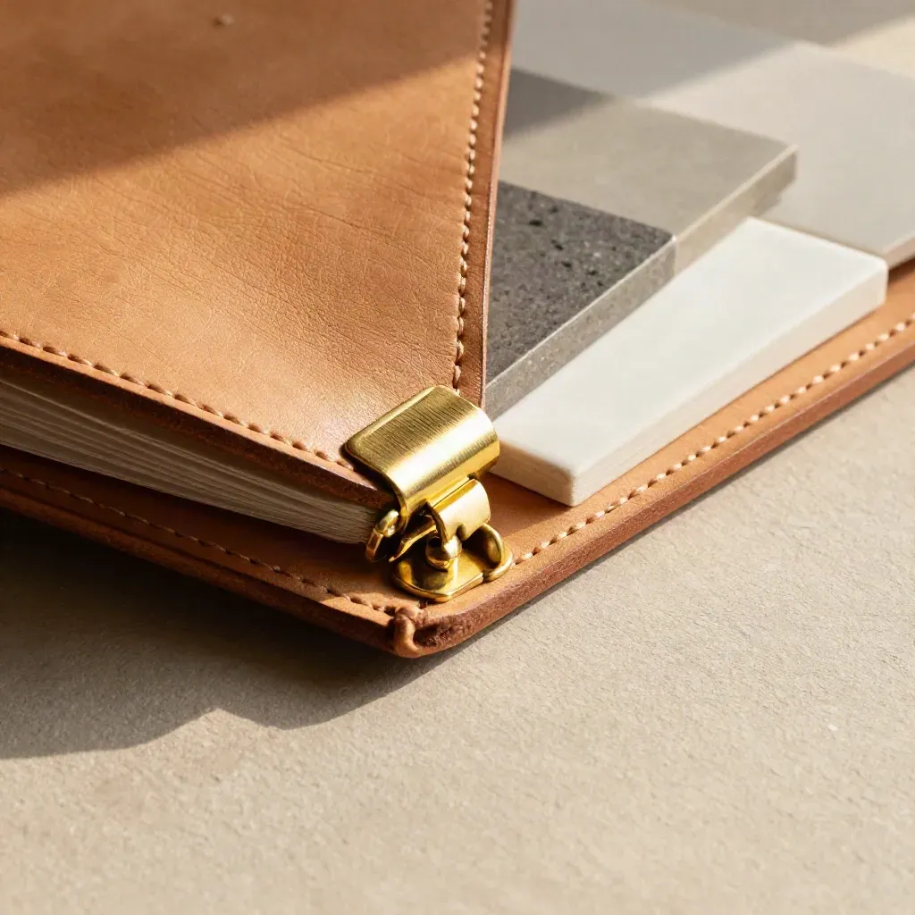 Open leather swatch book with brass hinge and ceramic tile samples on warm plaster.