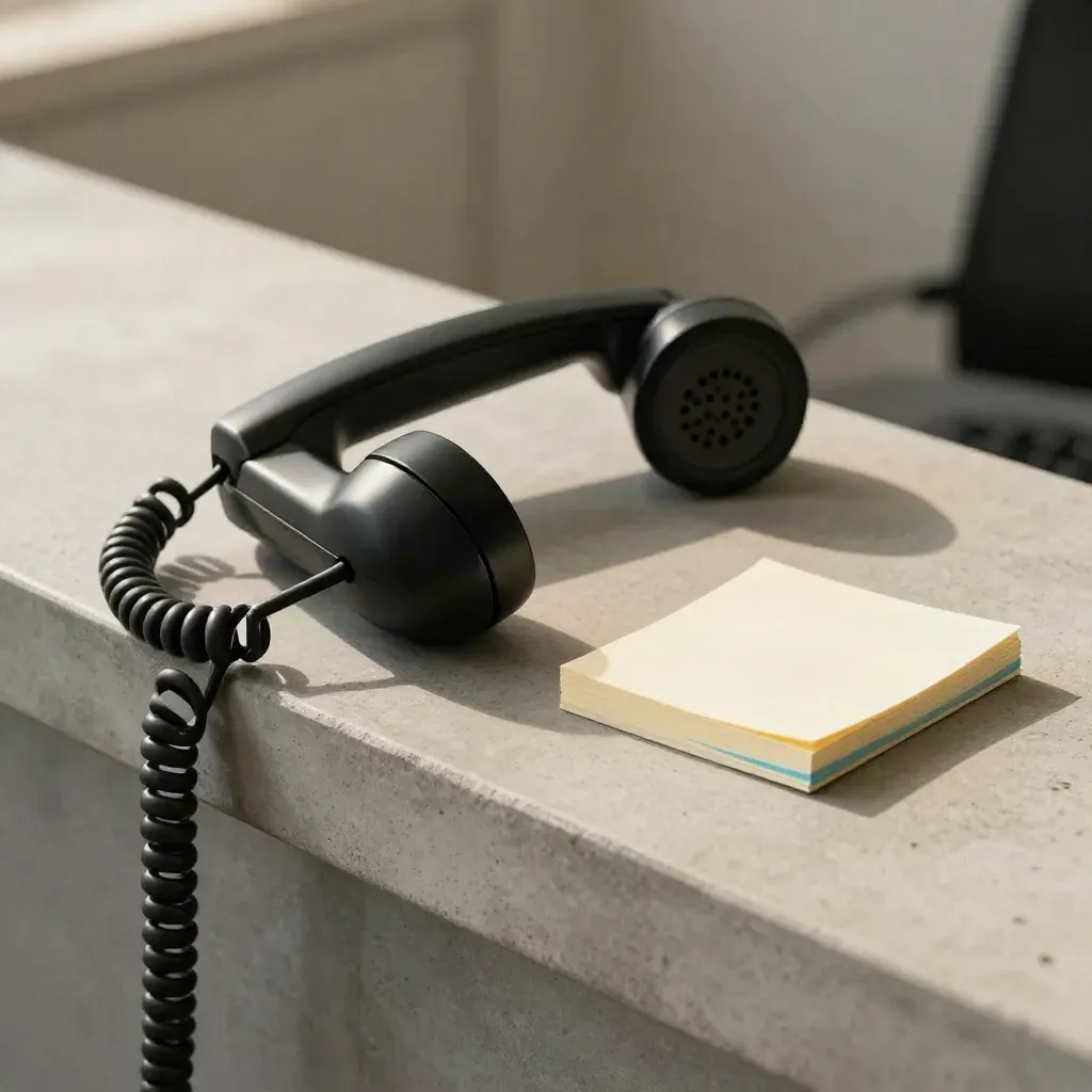 Black desk phone handset with coiled cord beside a blank memo pad on a concrete ledge.
