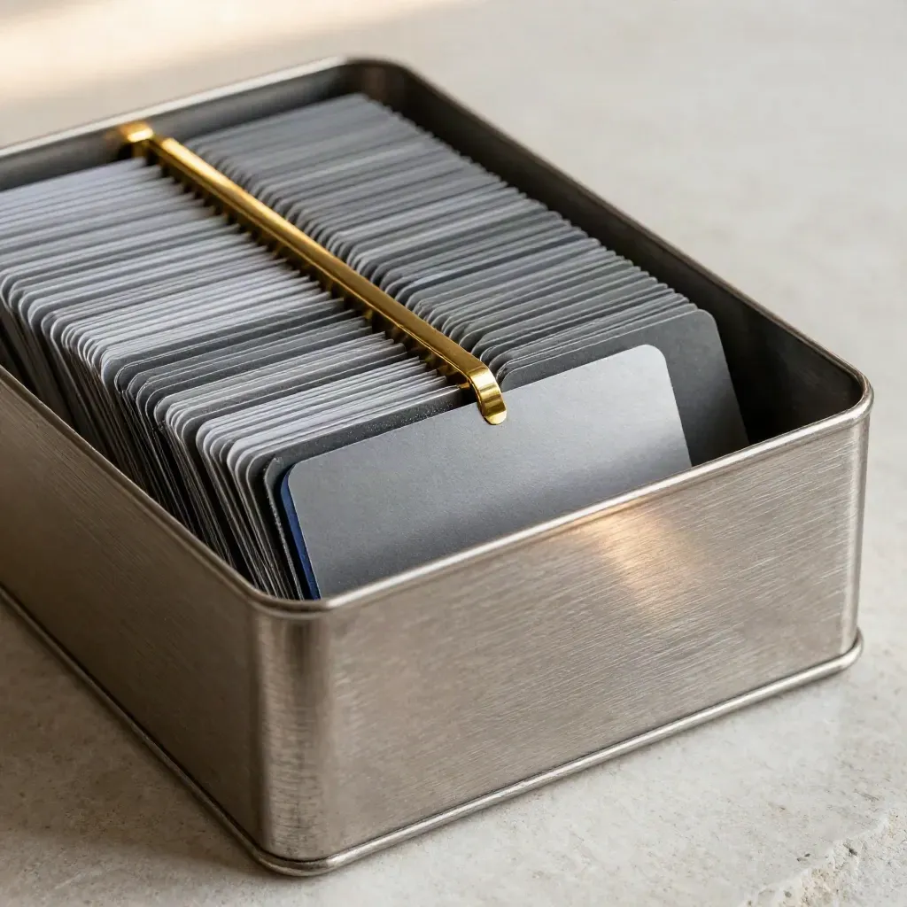 Brushed metal file box with blank index tabs and brass dividers on pale stone.