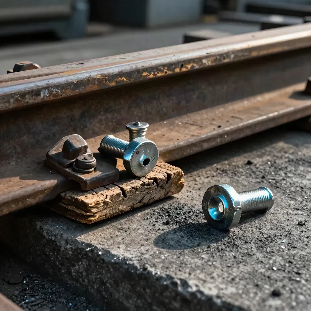 Rail fasteners, timber tie fragment, and coupling pin on dark concrete with cool dust haze