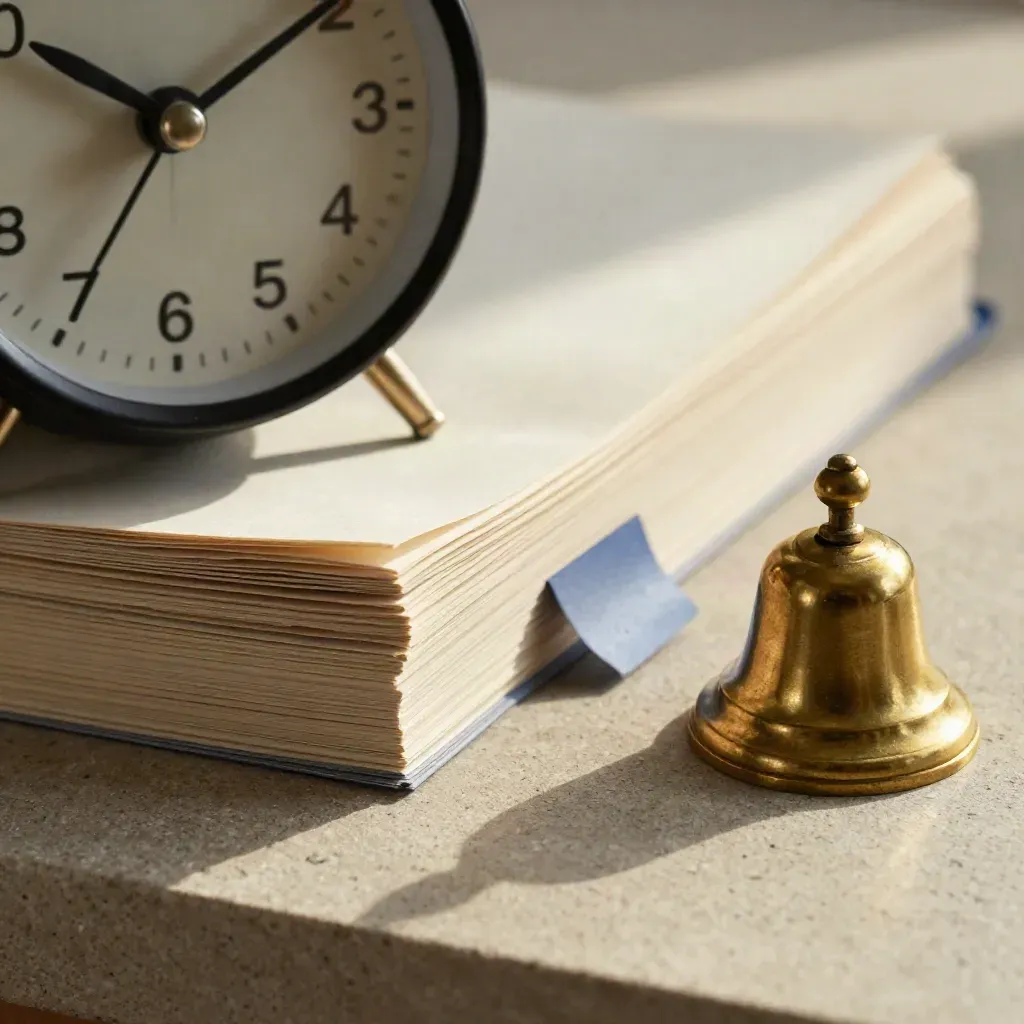Alarm clock, paper tabs, and brass bell on stone with a blue tab accent.