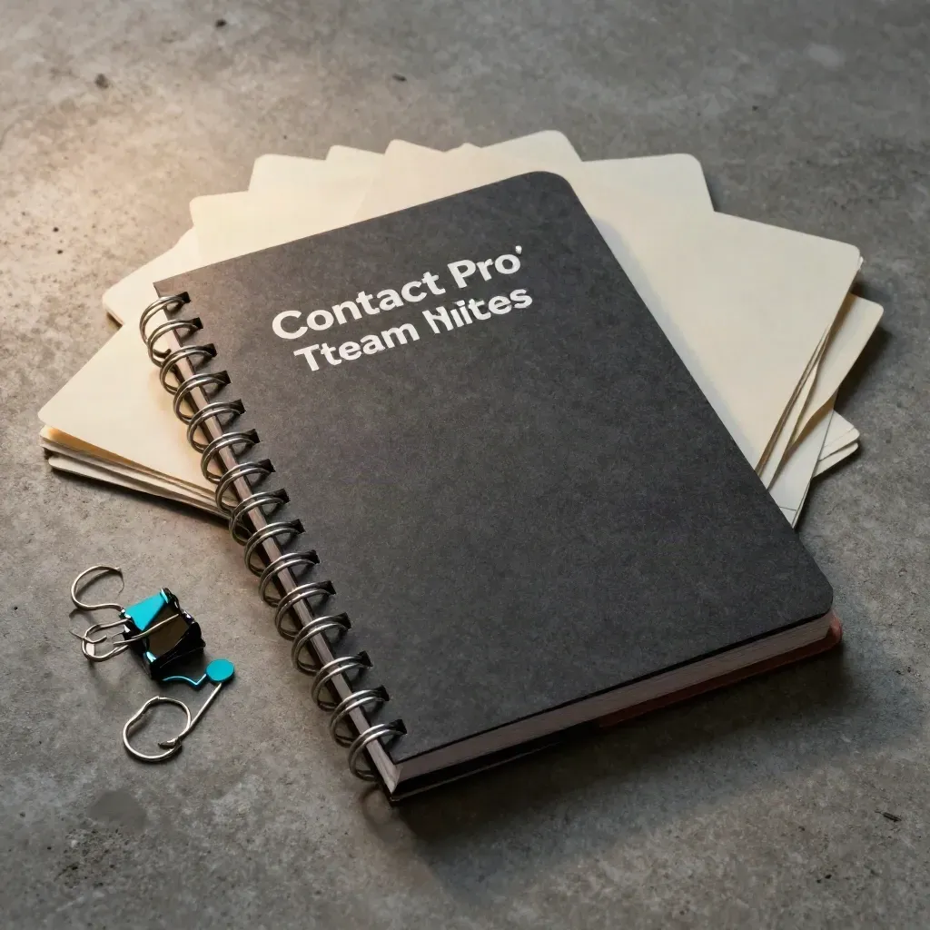 Overhead still life of a spiral notebook, index cards, and binder rings on warm concrete.