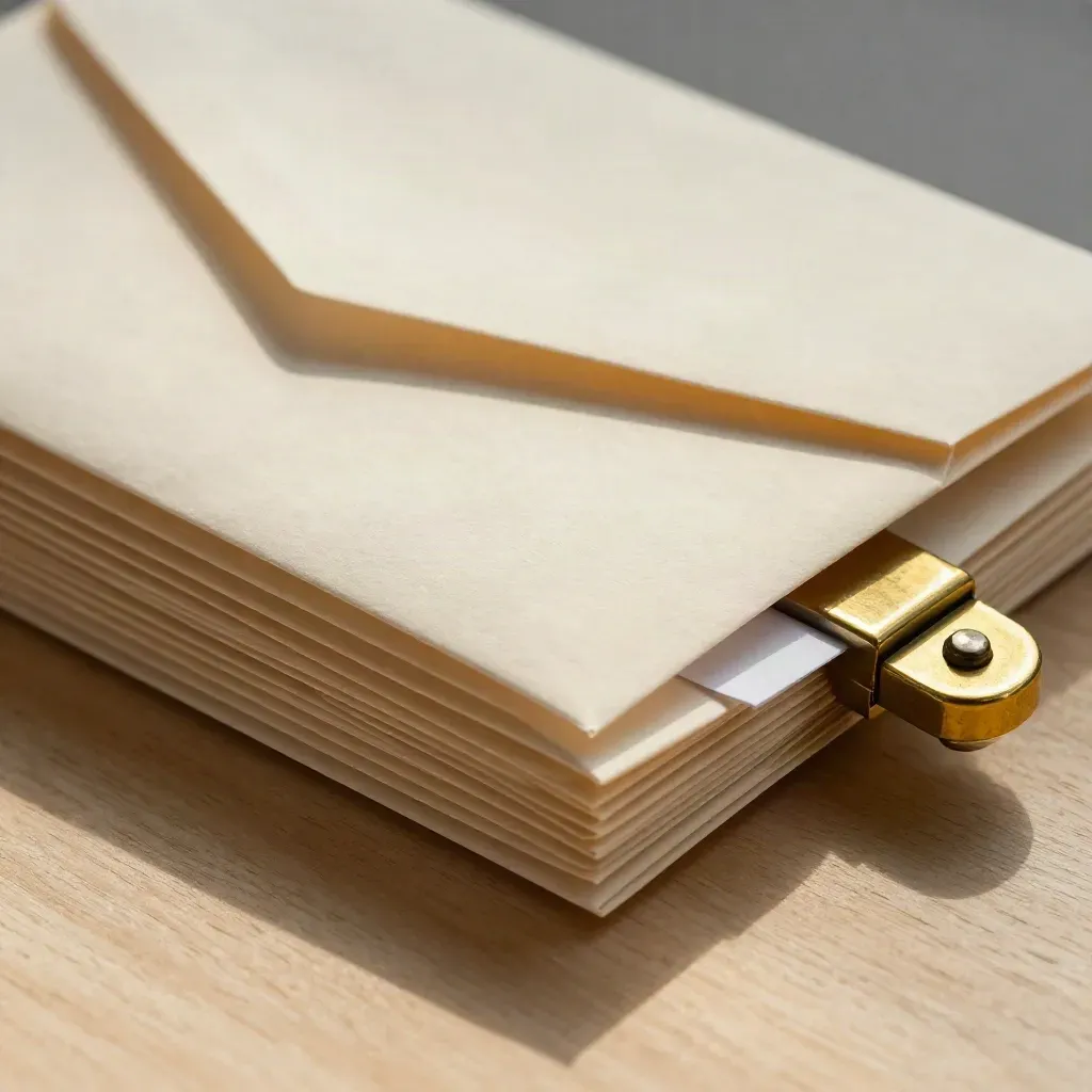 Macro still life of envelopes, brass opener, and paper tray on pale wood