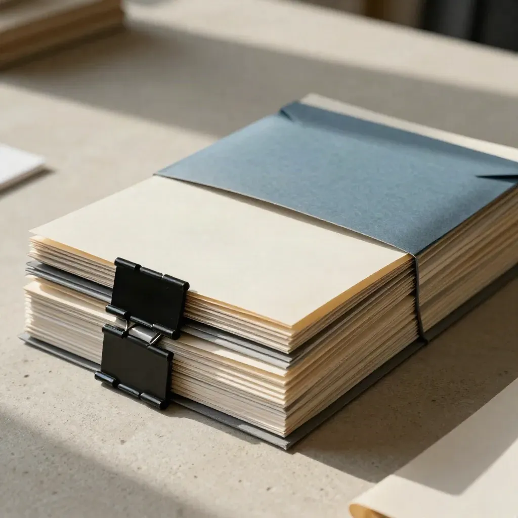 Folders, swatches, binder clips, and mailer on pale stone in soft light.