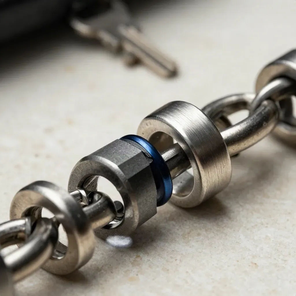 Macro still life of linked metal rings, blocks and connectors on creamy stone