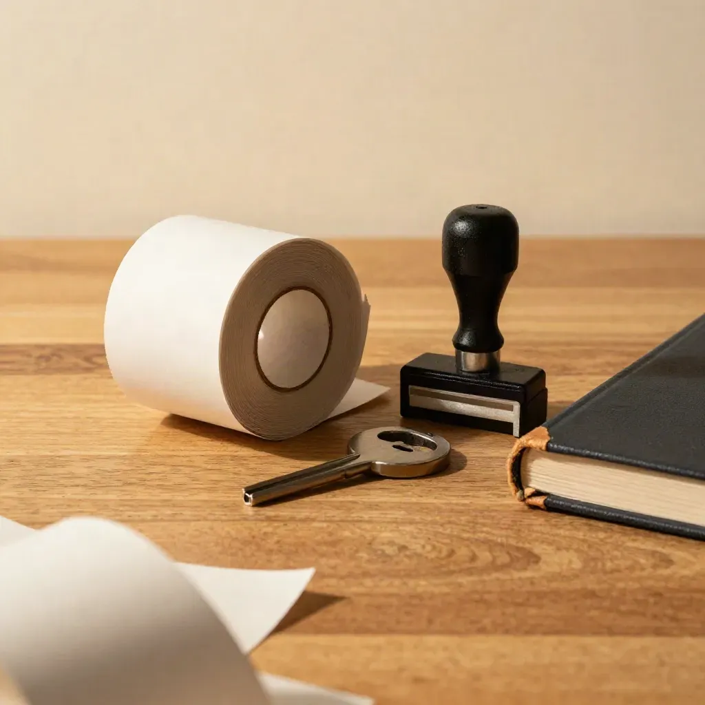 Receipt roll, rubber stamp, cash drawer key and ledger book on warm wood, lit dramatically