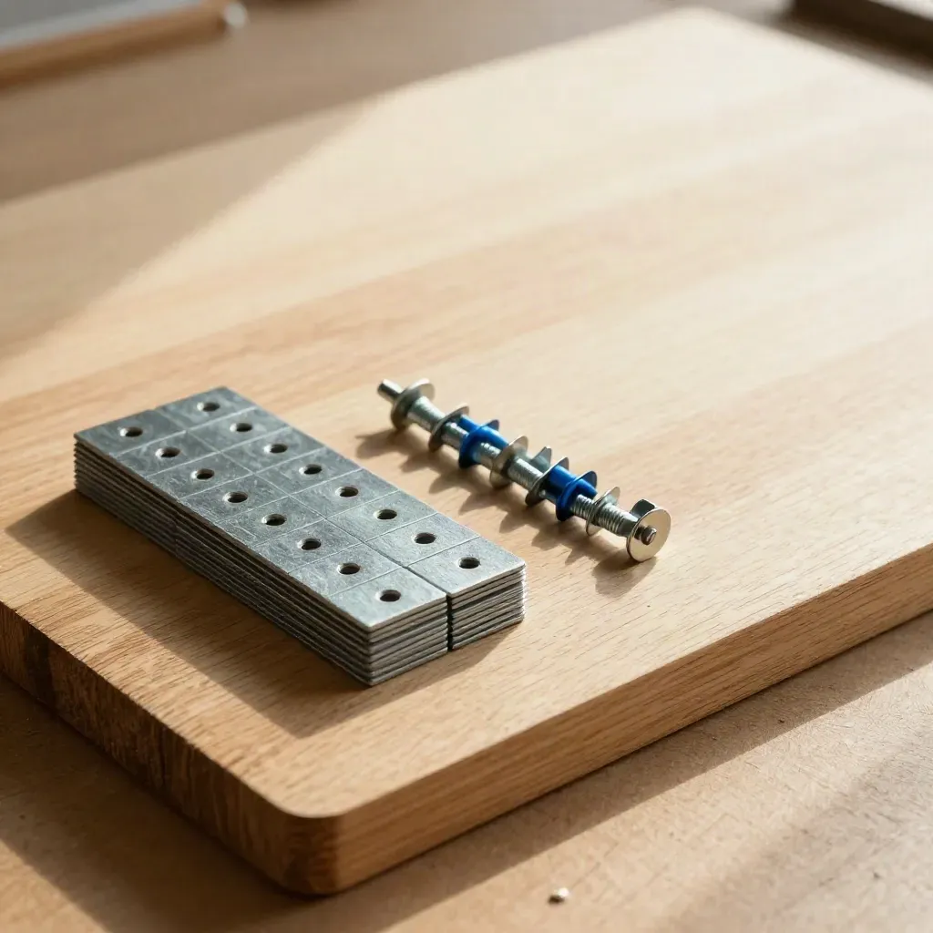 Steel brackets, punched tabs, and fasteners arranged in a neat grid on pale wood.