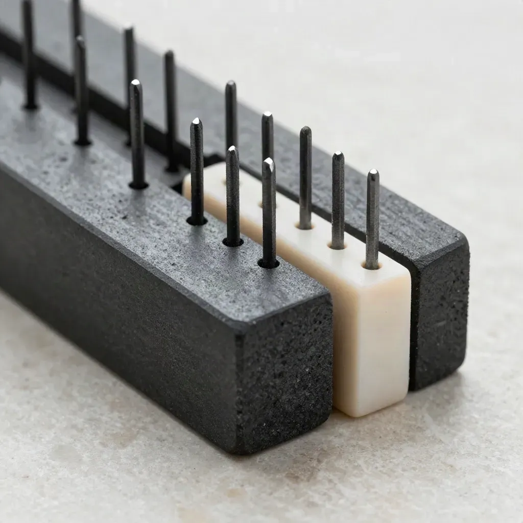 Macro of graphite workflow blocks, pins, and ceramic spacer on pale stone.