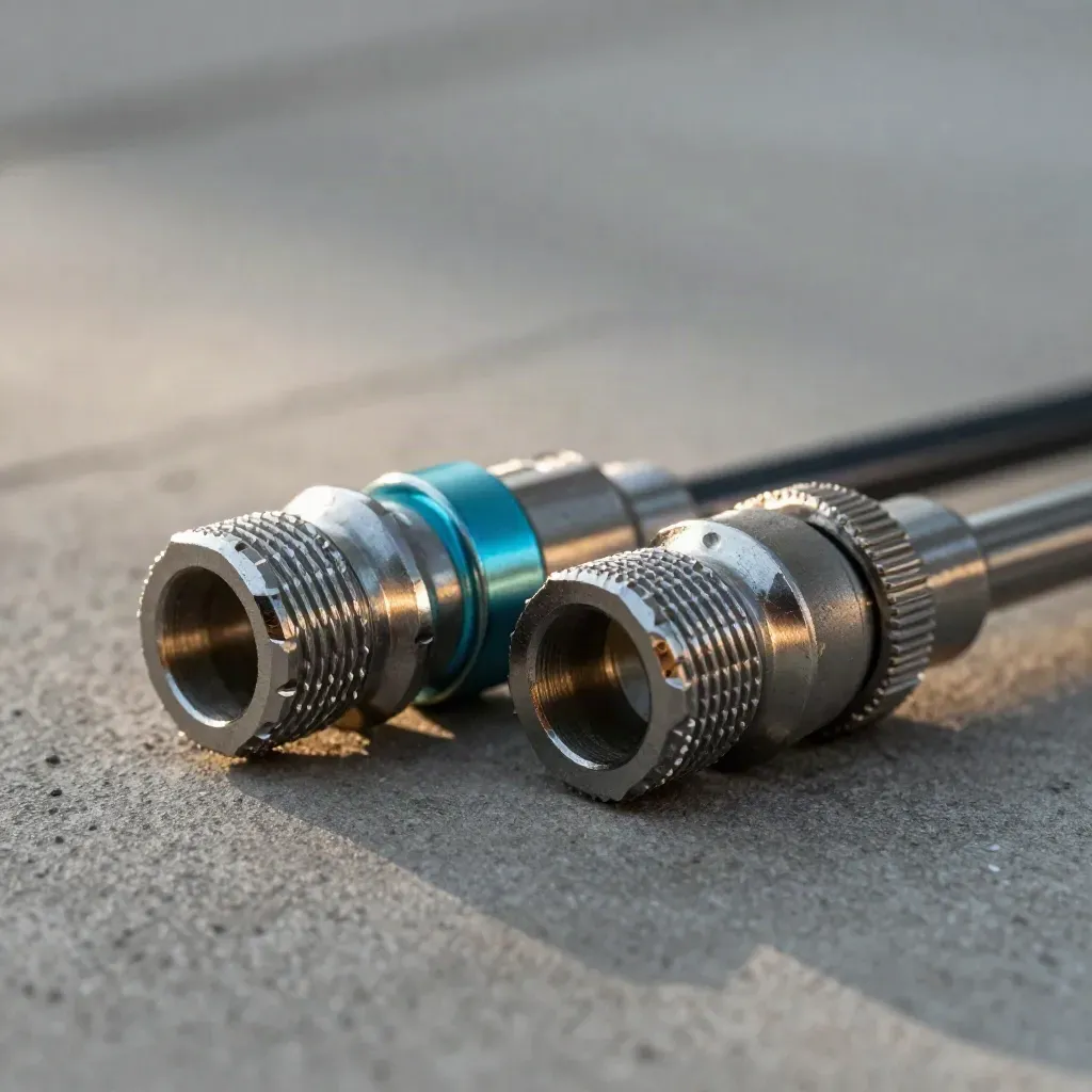 Metal couplers and braided cable on concrete, lit in a premium macro close-up.
