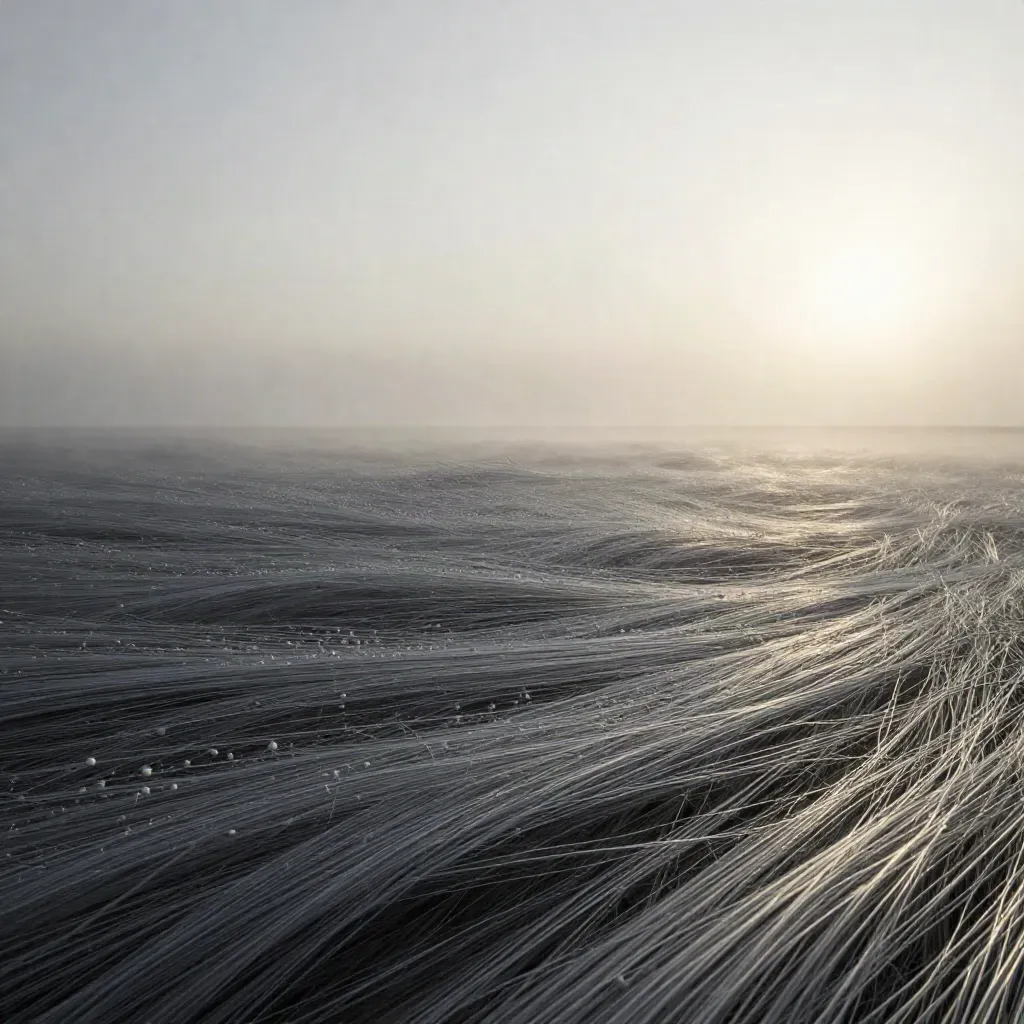 Silver filaments converge into a soft bloom in graphite haze with drifting motes.